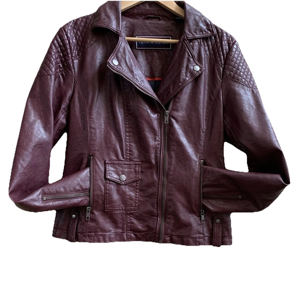 Tommy Hilfiger faux leather women's jacket size Medium jacket burgundy dark
